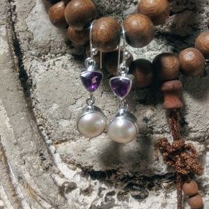Amethyst & pearl earrings 925 silver nwot